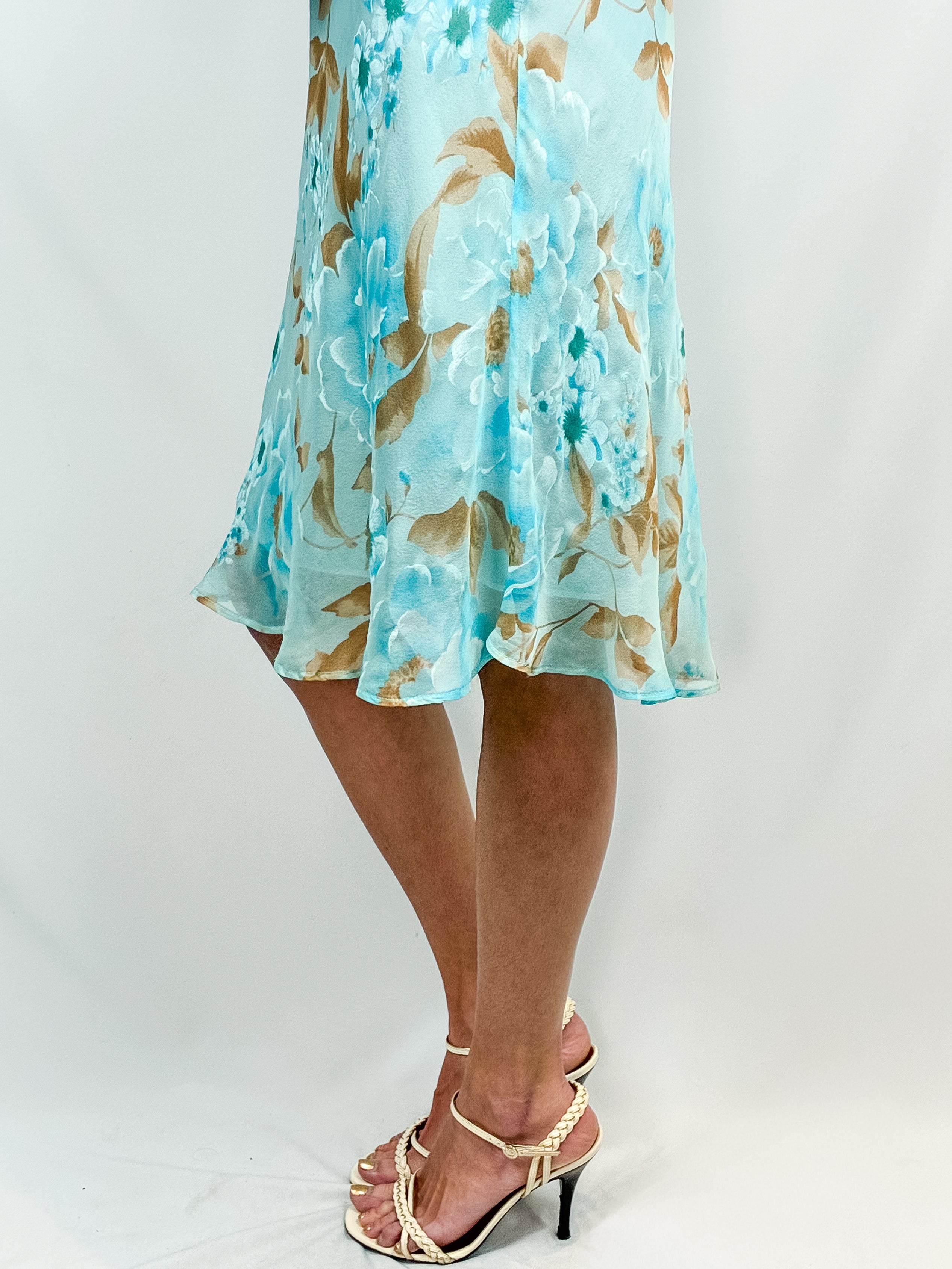 2000s Blue Floral Silk Slip Dress - M