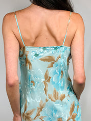 2000s Blue Floral Silk Slip Dress - M