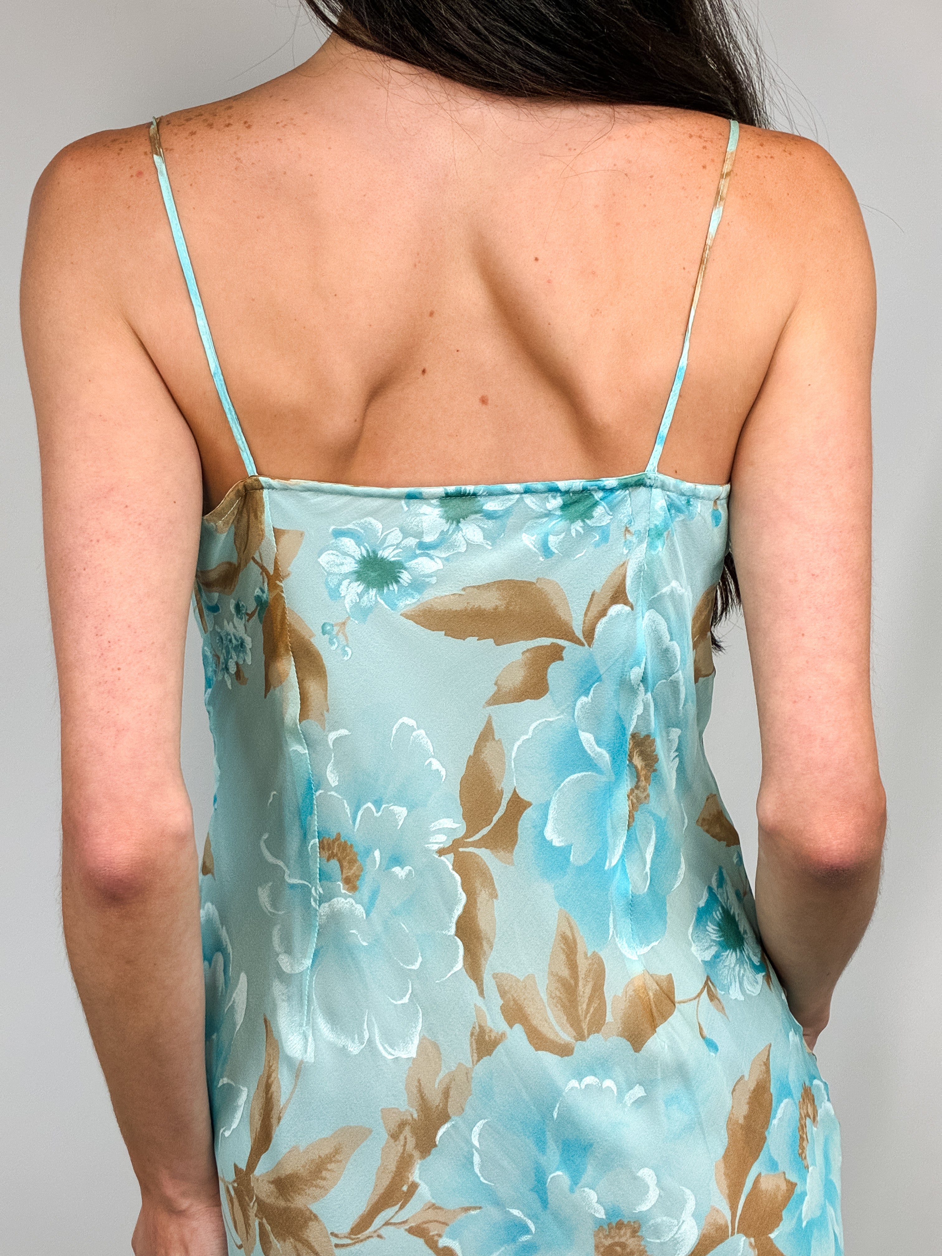 2000s Blue Floral Silk Slip Dress - M