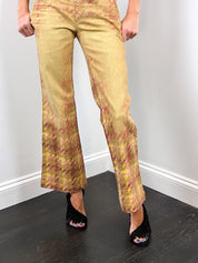 Roberto Cavalli 2000s Gold Tweed Print Low Rise Flare Pants - W28