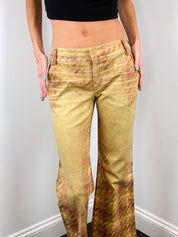 Roberto Cavalli 2000s Gold Tweed Print Low Rise Flare Pants - W28