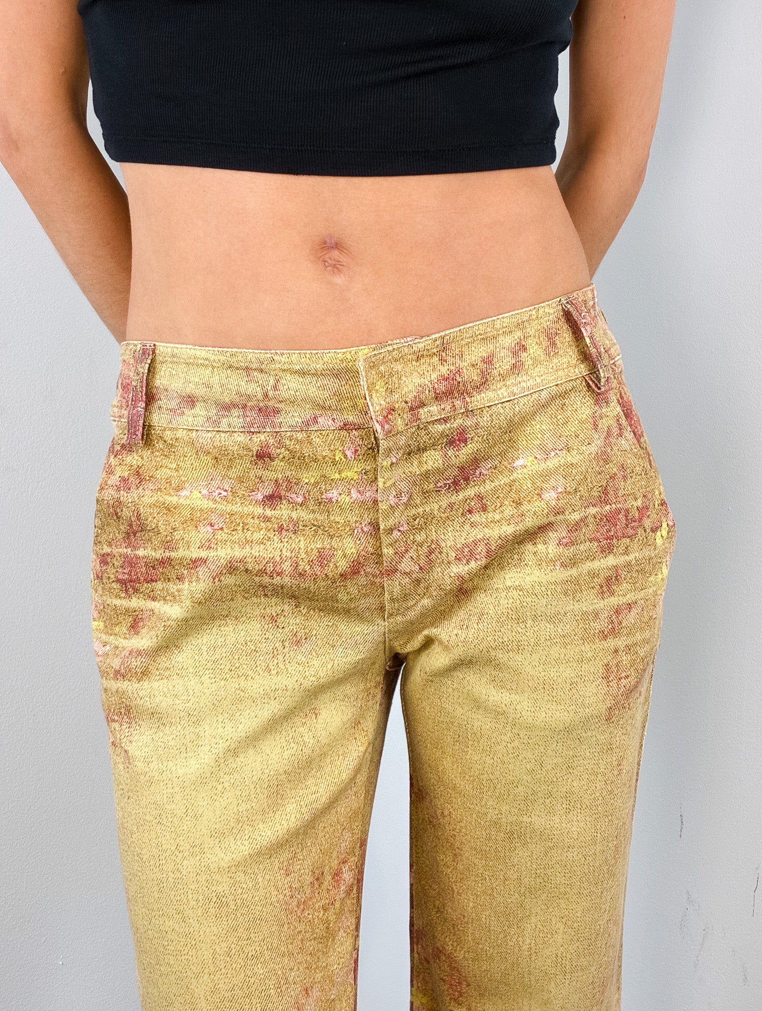 Roberto Cavalli 2000s Gold Tweed Print Low Rise Flare Pants - W28
