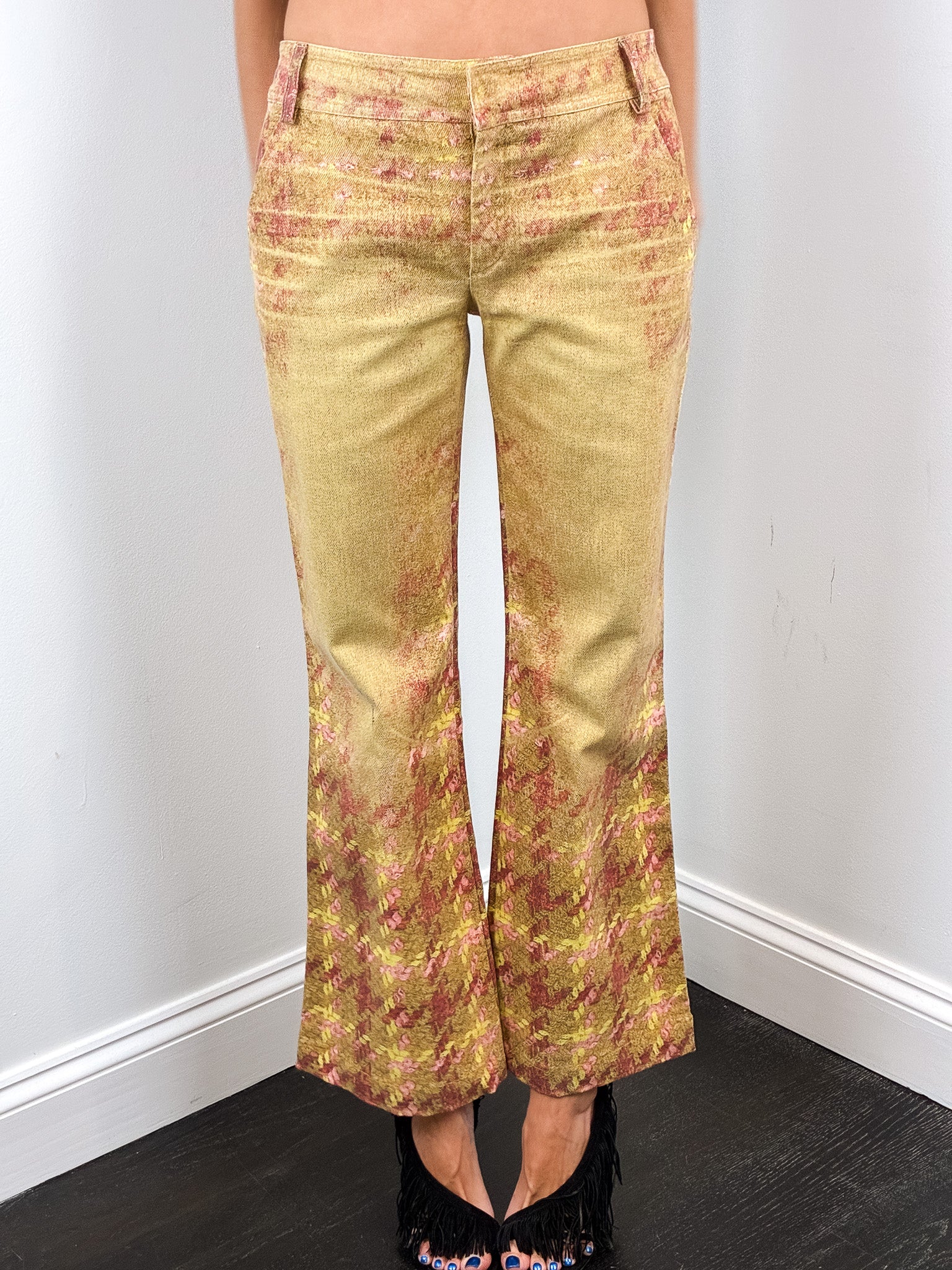 Roberto Cavalli 2000s Gold Tweed Print Low Rise Flare Pants - W28