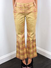Roberto Cavalli 2000s Gold Tweed Print Low Rise Flare Pants - W28