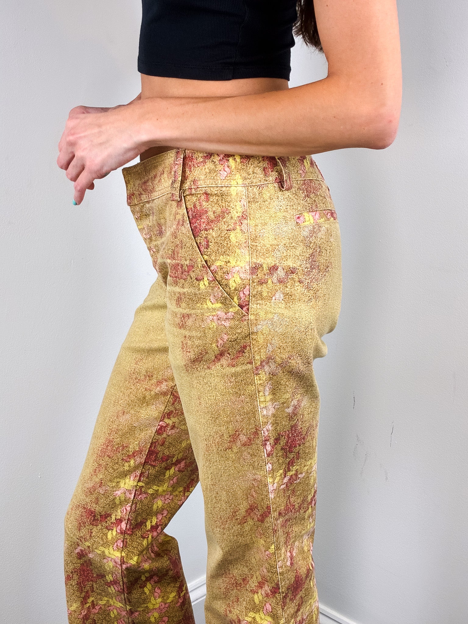 Roberto Cavalli 2000s Gold Tweed Print Low Rise Flare Pants - W28