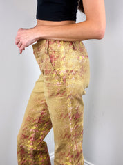 Roberto Cavalli 2000s Gold Tweed Print Low Rise Flare Pants - W28