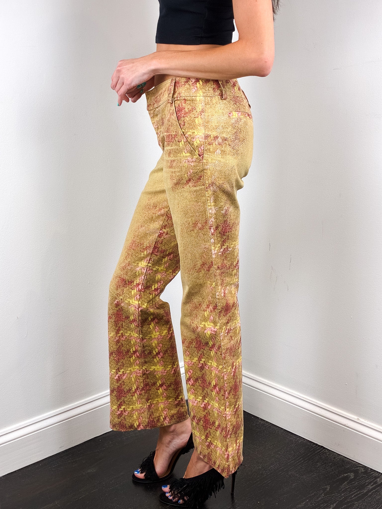 Roberto Cavalli 2000s Gold Tweed Print Low Rise Flare Pants - W28