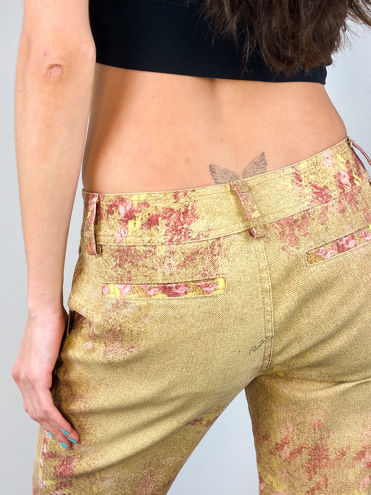 Roberto Cavalli 2000s Gold Tweed Print Low Rise Flare Pants - W28