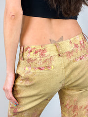 Roberto Cavalli 2000s Gold Tweed Print Low Rise Flare Pants - W28