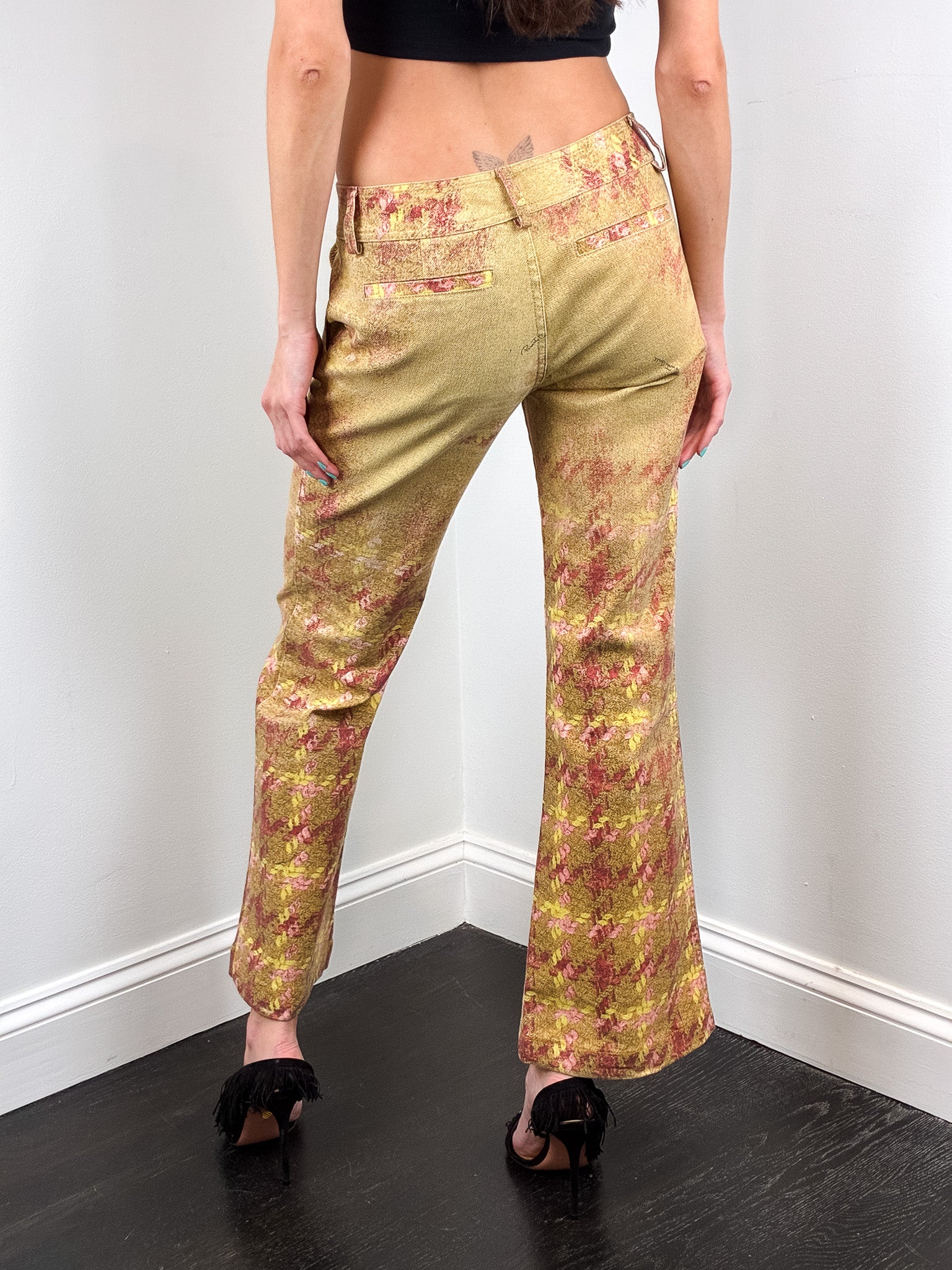 Roberto Cavalli 2000s Gold Tweed Print Low Rise Flare Pants - W28