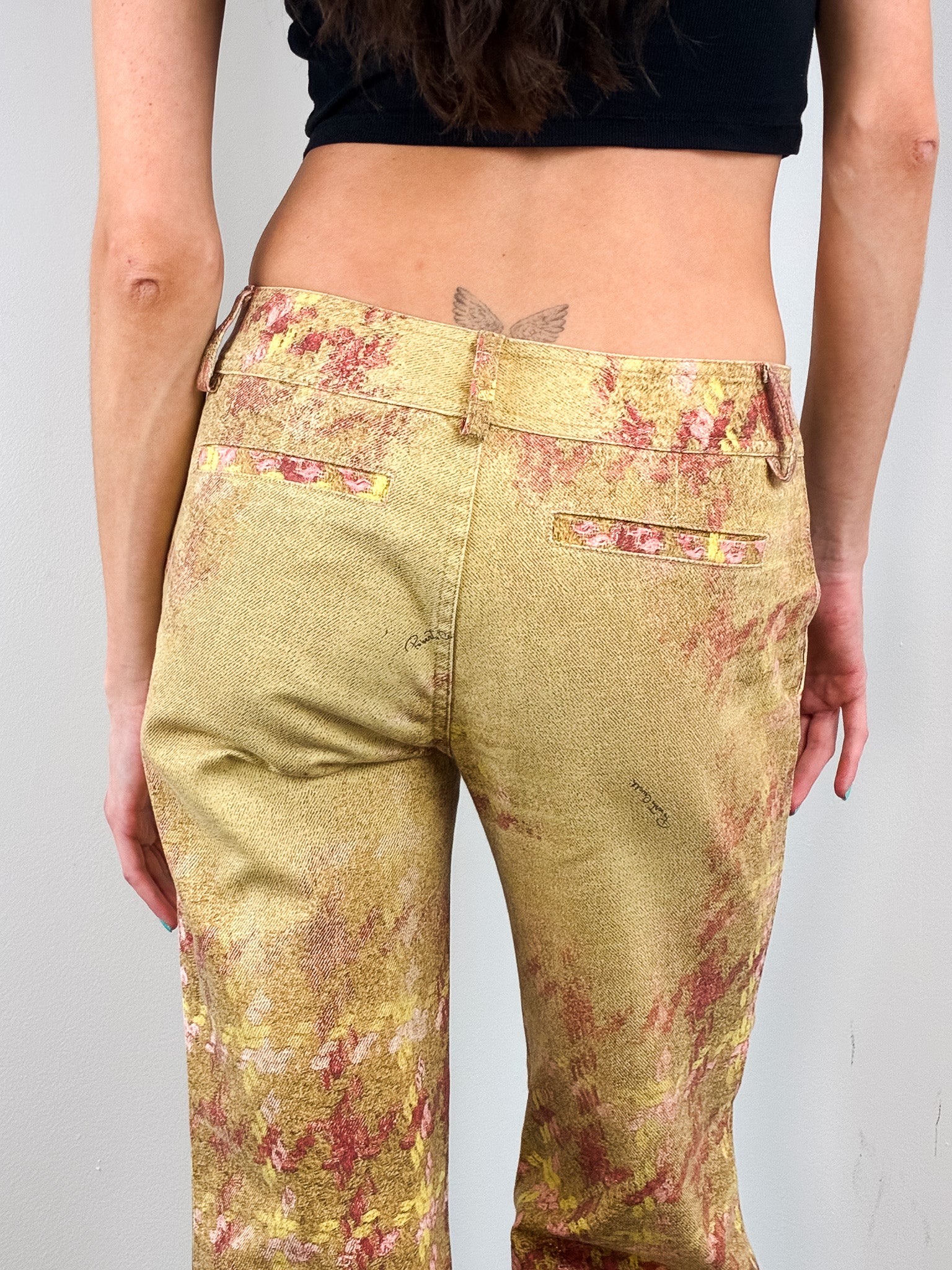 Roberto Cavalli 2000s Gold Tweed Print Low Rise Flare Pants - W28