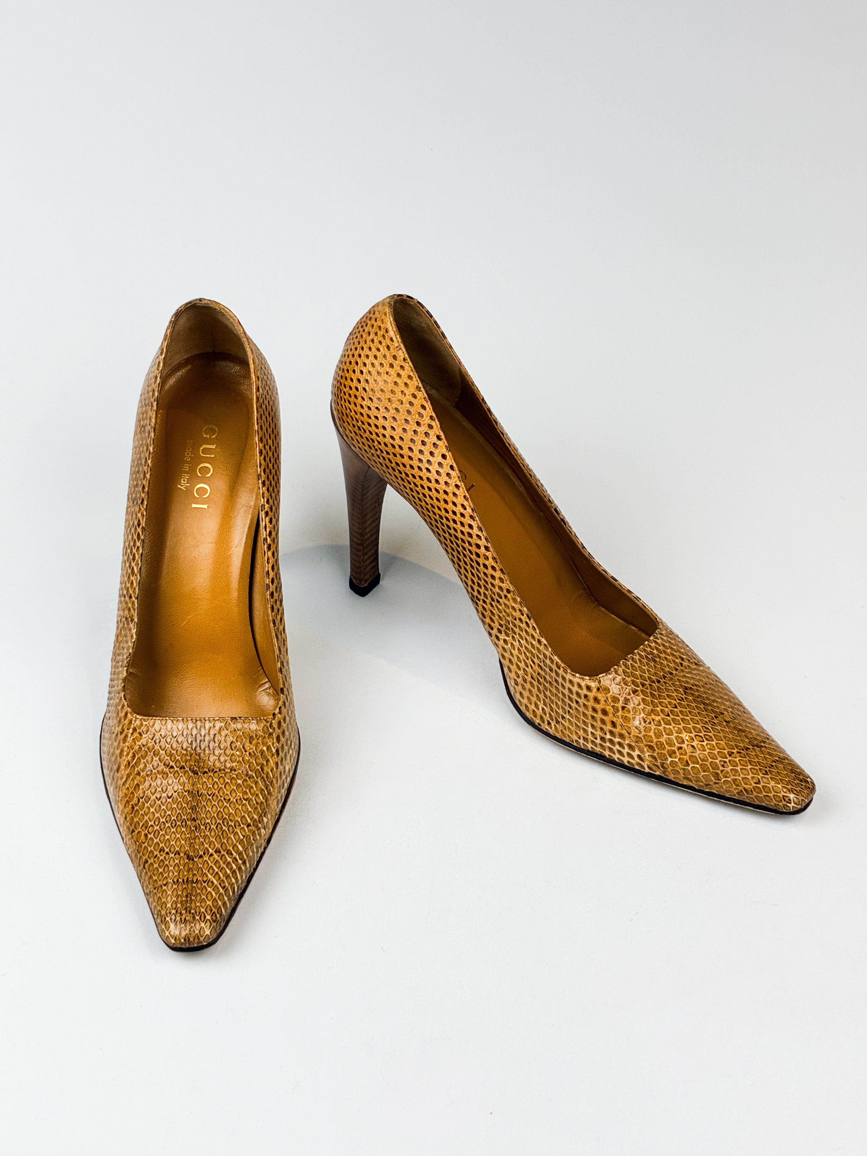 Gucci 2000s Tan Snakeskin Pointed Toe Pumps - EU 40.5 / US 10