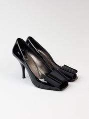 Prada 2000s Black Patent Bow Peep Toe Pumps - EU 36.5