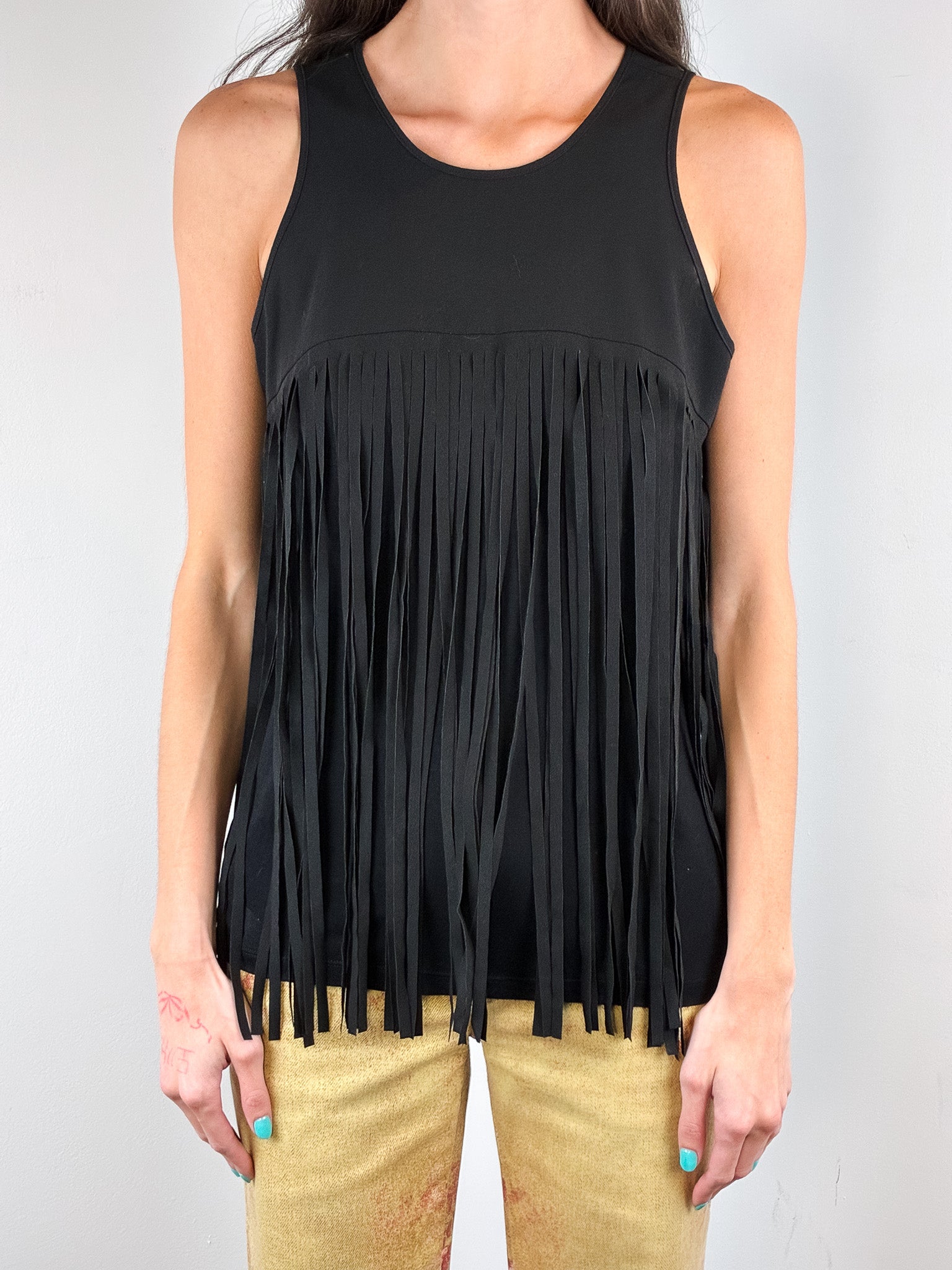 Denny Rose 2000s Black Fringe V-Back Tank Top - S/M