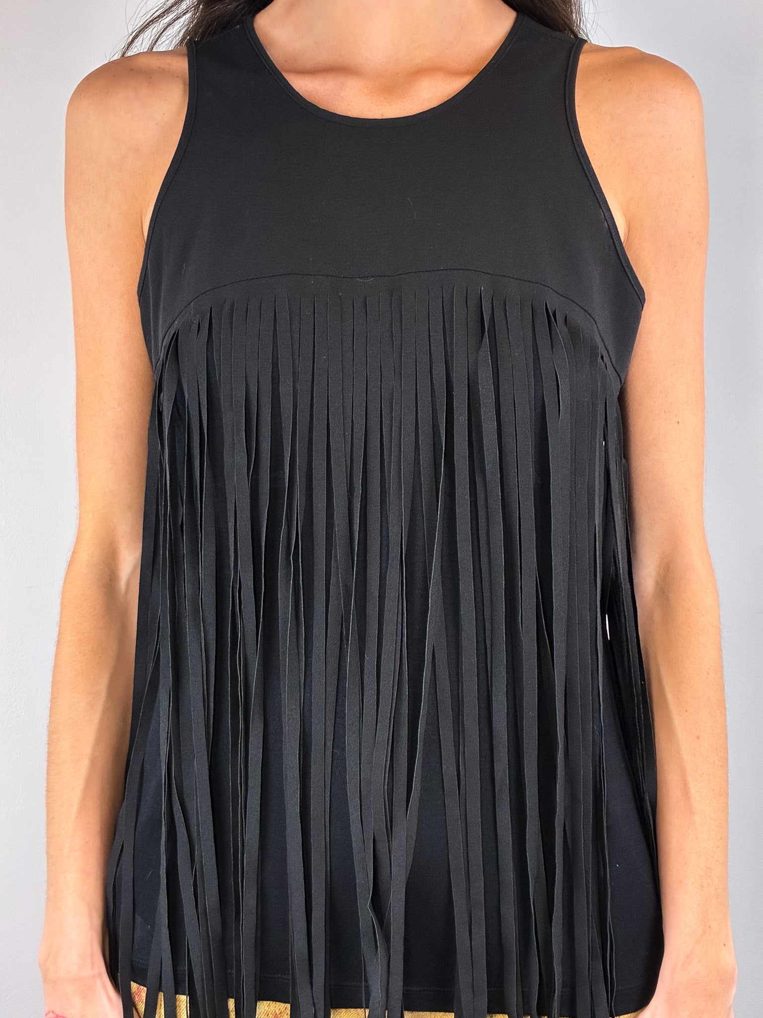 Denny Rose 2000s Black Fringe V-Back Tank Top - S/M