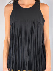 Denny Rose 2000s Black Fringe V-Back Tank Top - S/M