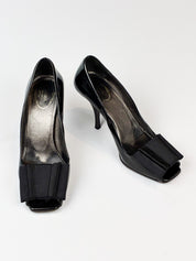 Prada 2000s Black Patent Bow Peep Toe Pumps - EU 36.5