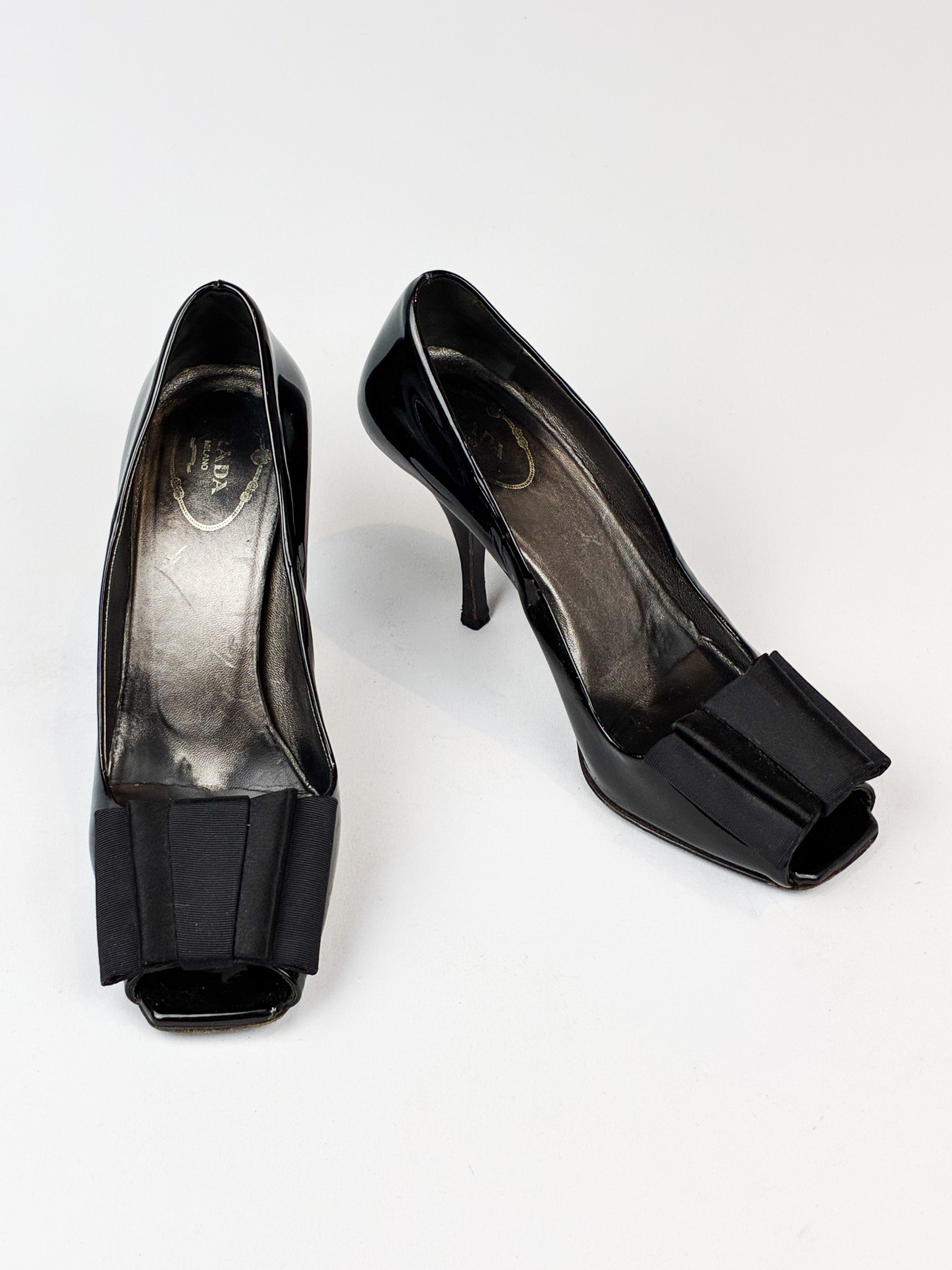 Prada 2000s Black Patent Bow Peep Toe Pumps - EU 36.5