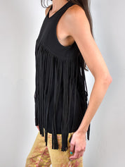 Denny Rose 2000s Black Fringe V-Back Tank Top - S/M