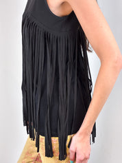 Denny Rose 2000s Black Fringe V-Back Tank Top - S/M