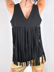 Denny Rose 2000s Black Fringe V-Back Tank Top - S/M