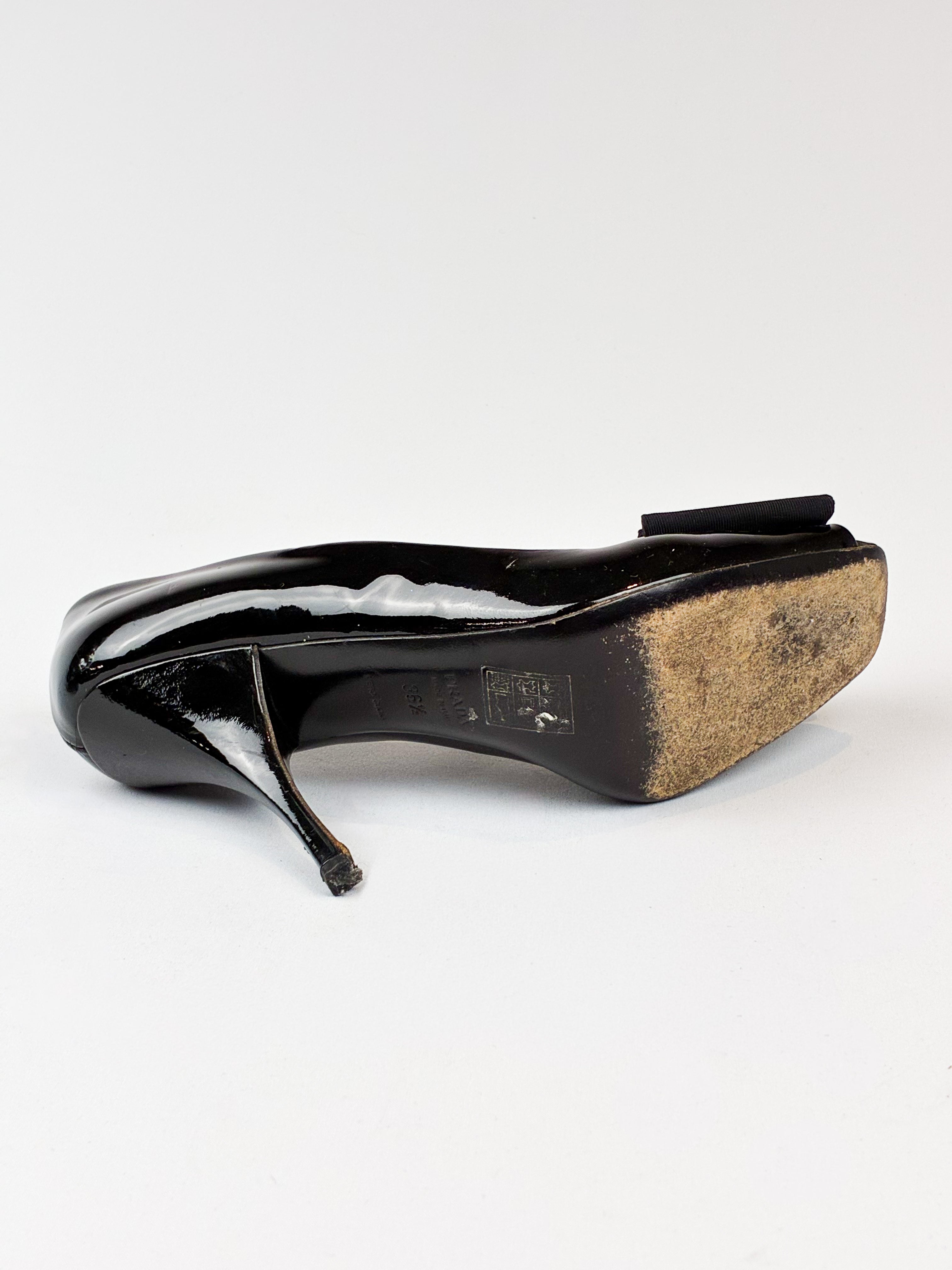 Prada 2000s Black Patent Bow Peep Toe Pumps - EU 36.5