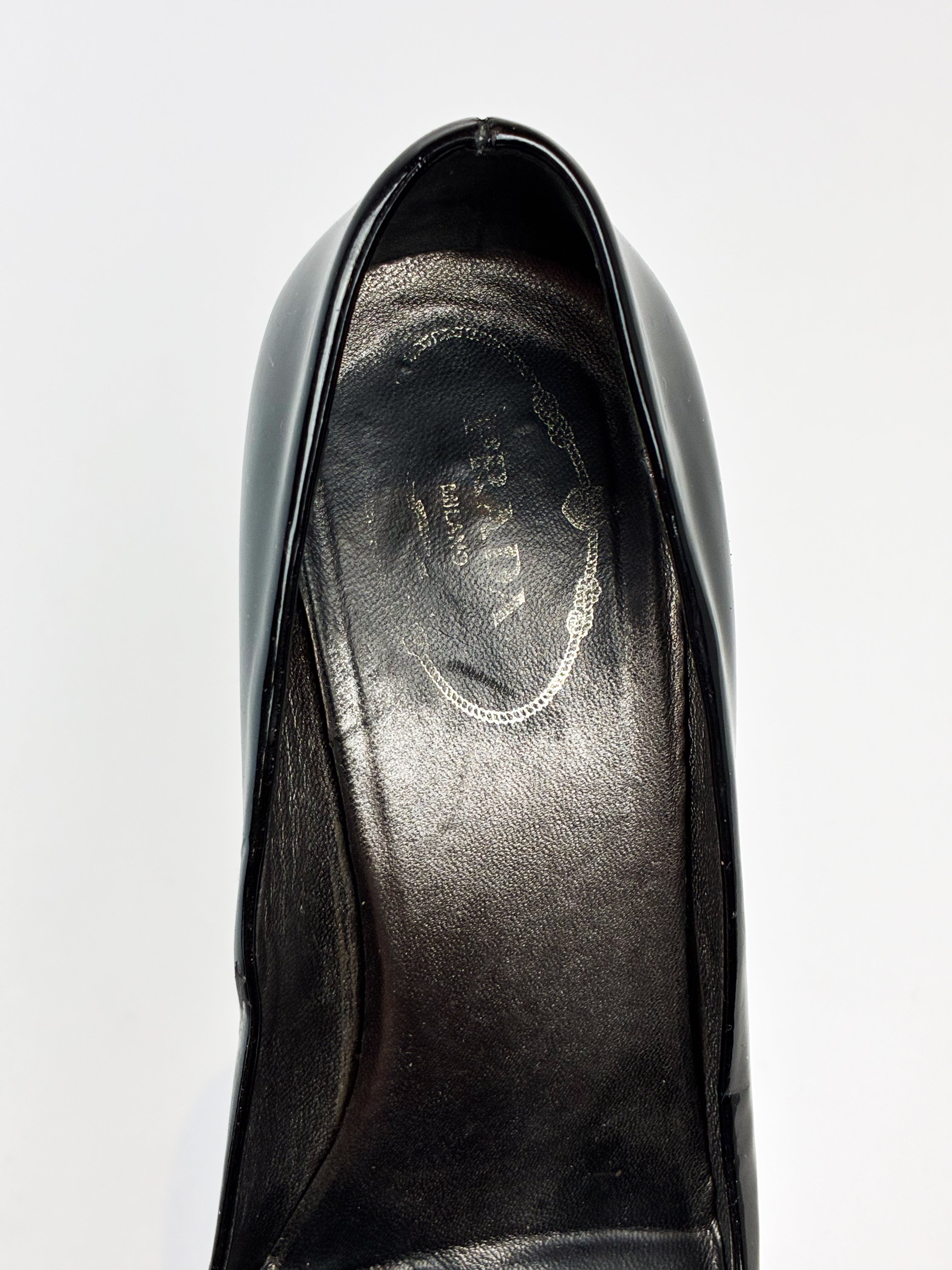 Prada 2000s Black Patent Bow Peep Toe Pumps - EU 36.5