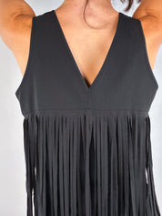 Denny Rose 2000s Black Fringe V-Back Tank Top - S/M