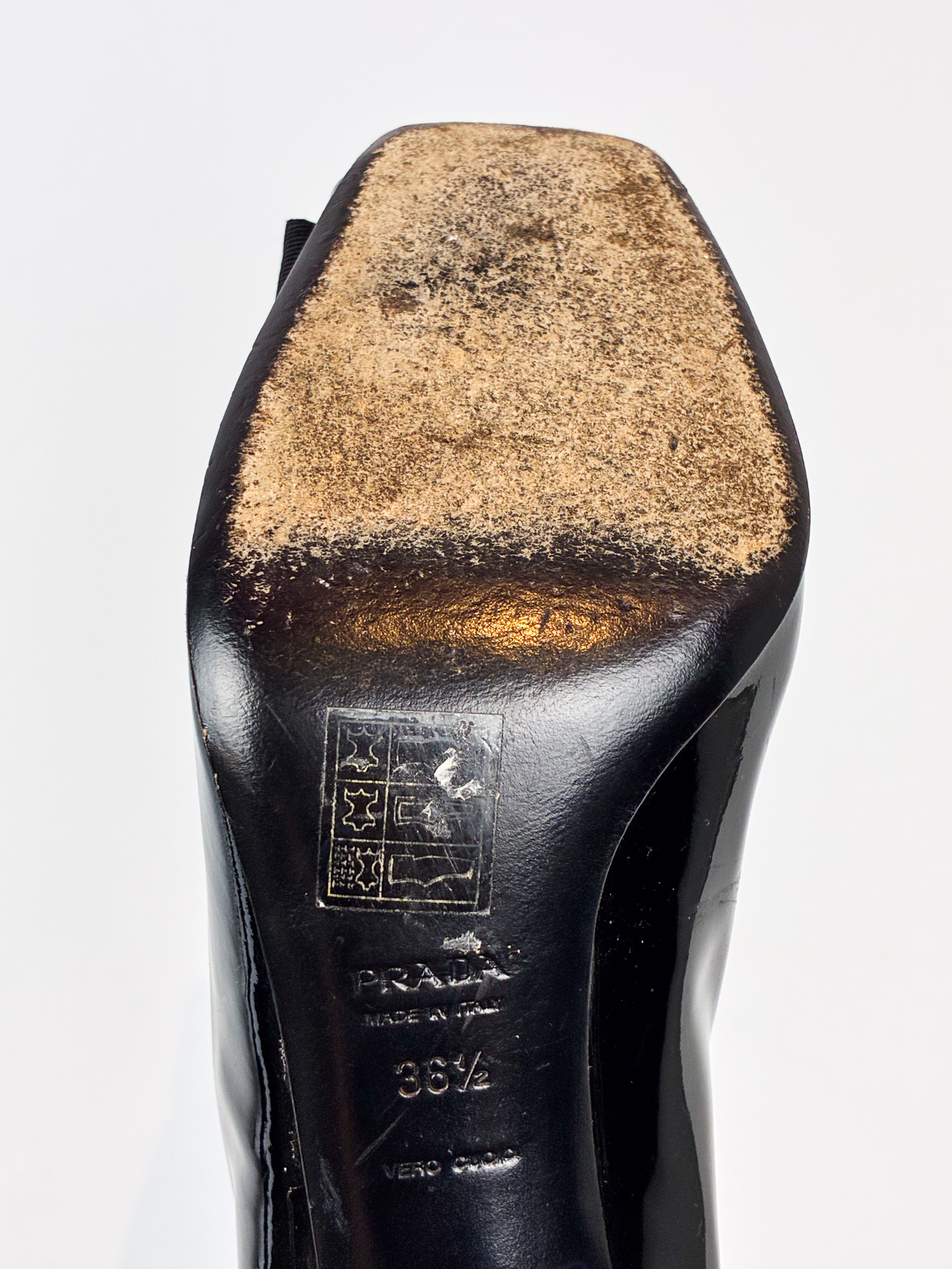 Prada 2000s Black Patent Bow Peep Toe Pumps - EU 36.5