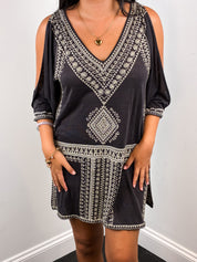 Calypso St. Barth 2000s Black Embroidered Cold-Shoulder Tunic Dress - M