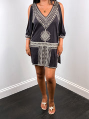 Calypso St. Barth 2000s Black Embroidered Cold-Shoulder Tunic Dress - M