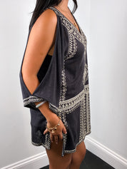 Calypso St. Barth 2000s Black Embroidered Cold-Shoulder Tunic Dress - M