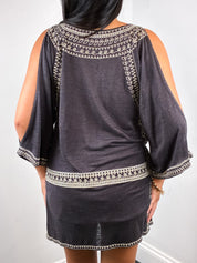 Calypso St. Barth 2000s Black Embroidered Cold-Shoulder Tunic Dress - M