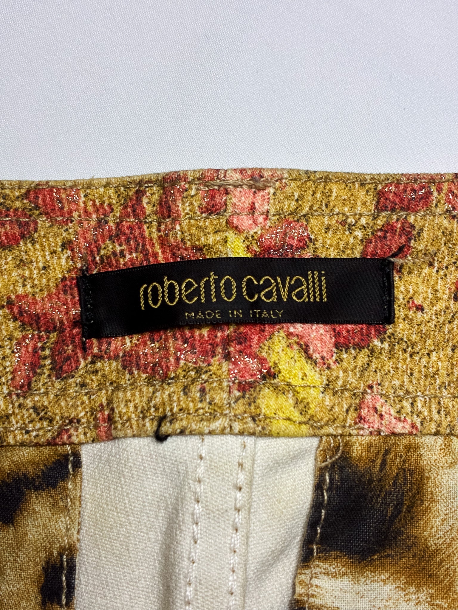 Roberto Cavalli 2000s Gold Tweed Print Low Rise Flare Pants - W28