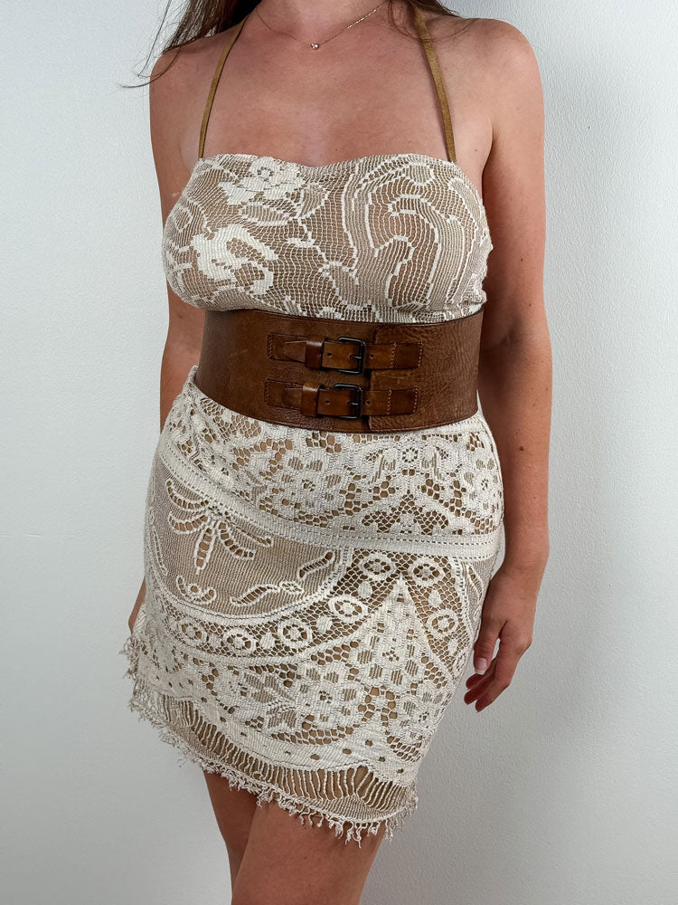 Isabel Marant Wide Brown Leather Corset Belt with Double Buckles