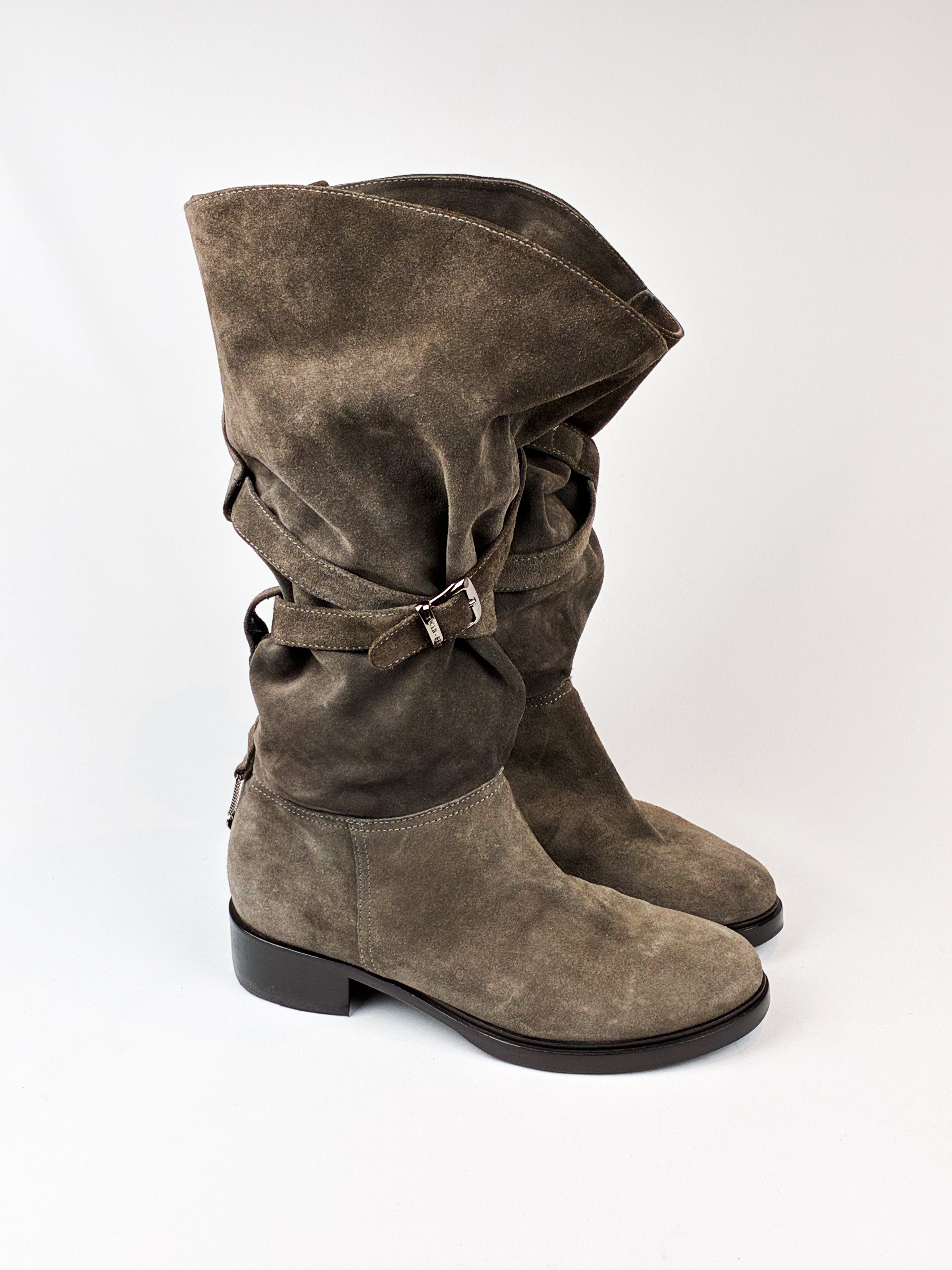 Twin-Set 2000s Grey Suede Buckle Slouch Boots - EU 39 / US 8.5