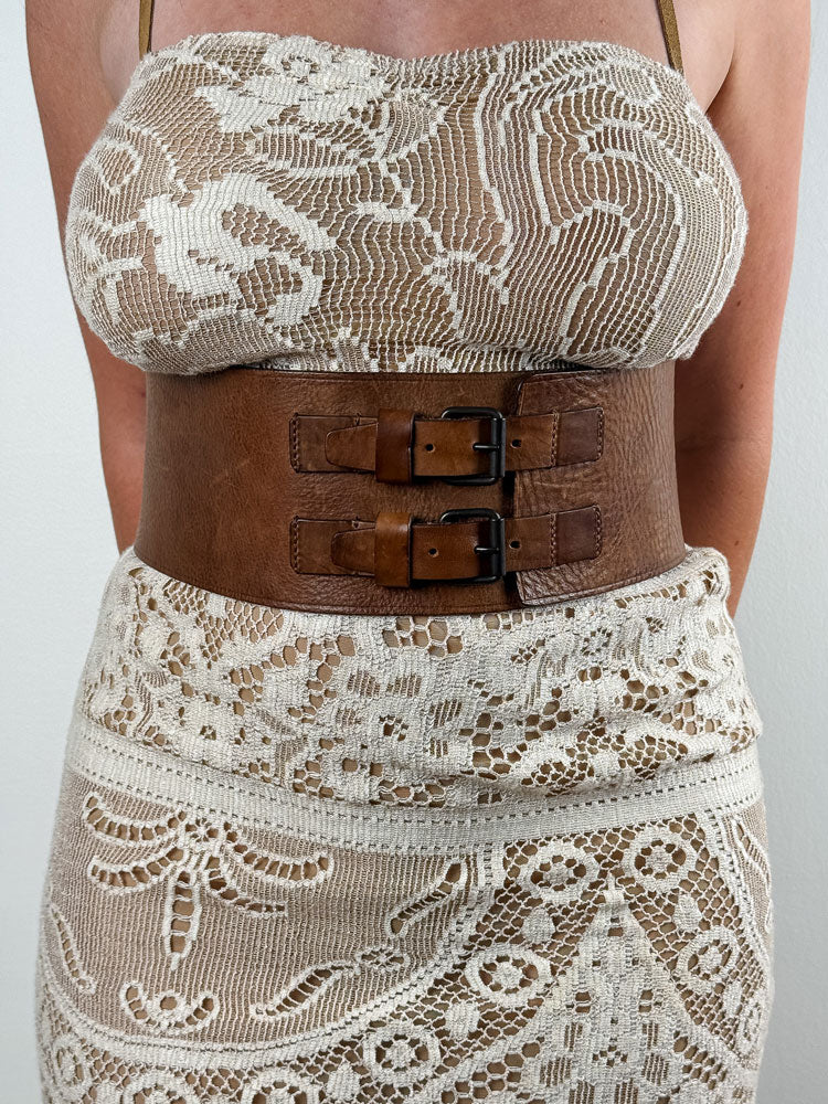Isabel Marant Wide Brown Leather Corset Belt with Double Buckles