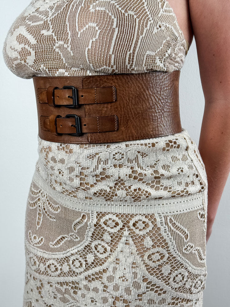 Isabel Marant Wide Brown Leather Corset Belt with Double Buckles