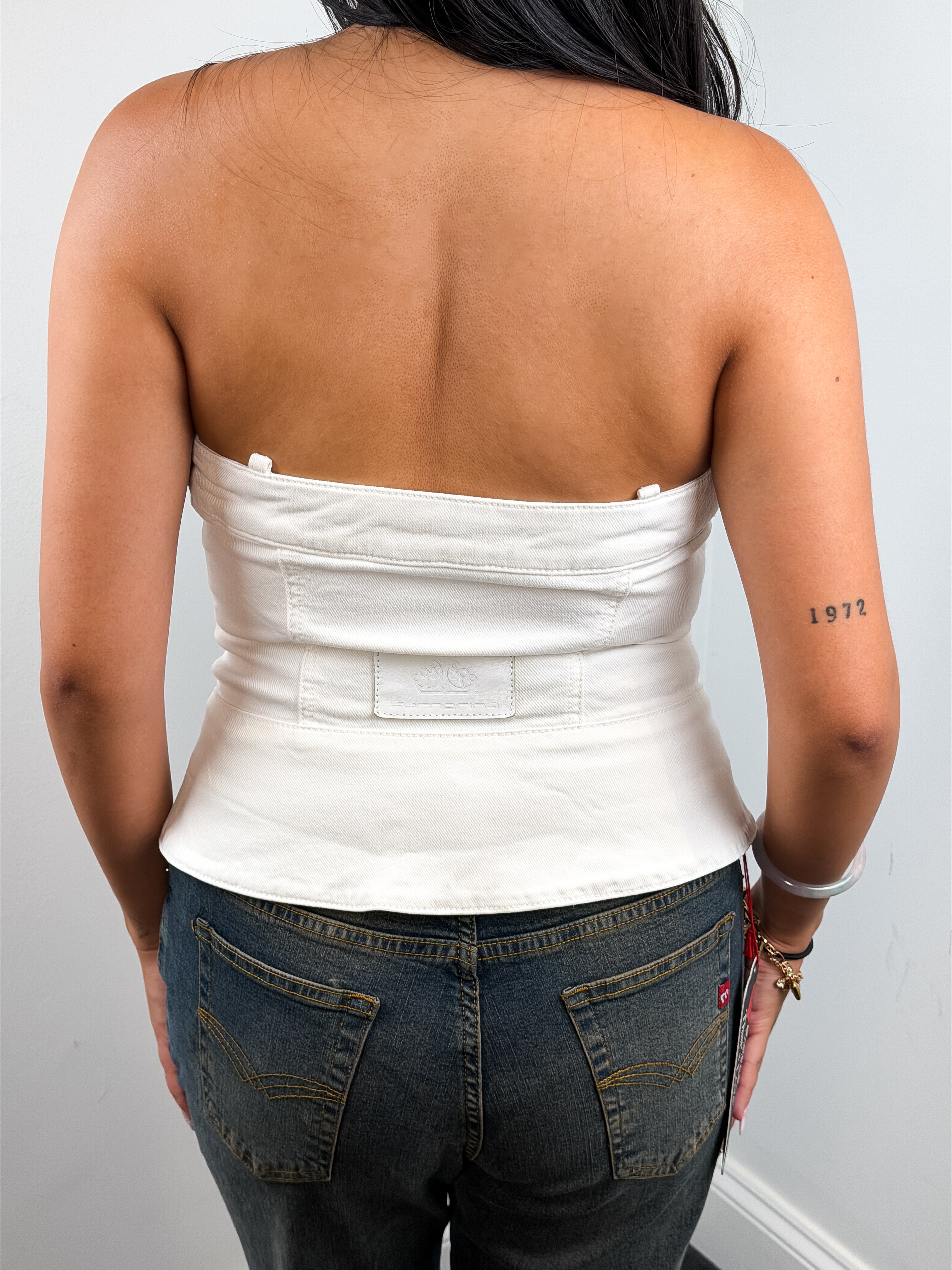 Fornarina 2000s White Denim Glitter Star Corset Top - M