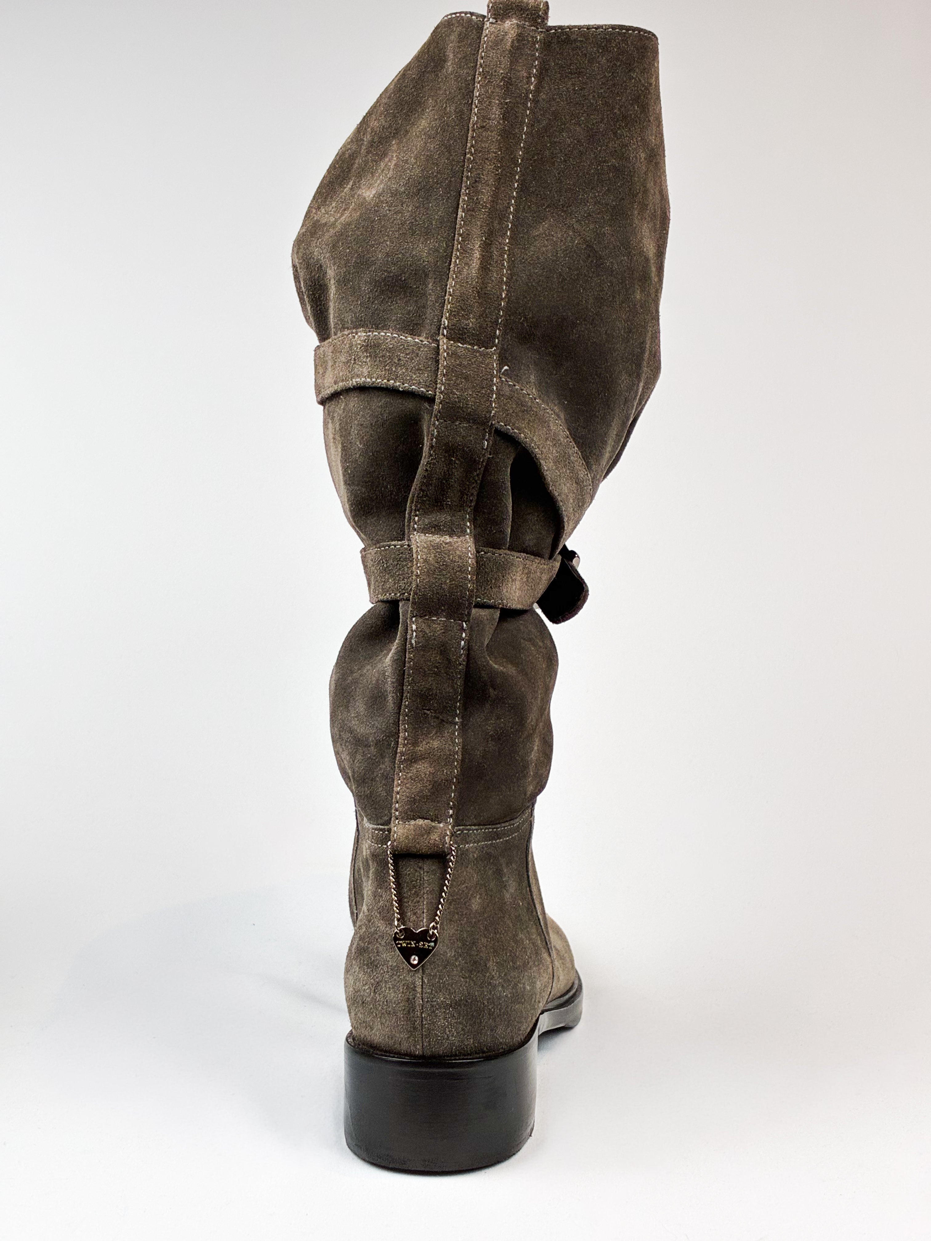 Twin-Set 2000s Grey Suede Buckle Slouch Boots - EU 39 / US 8.5