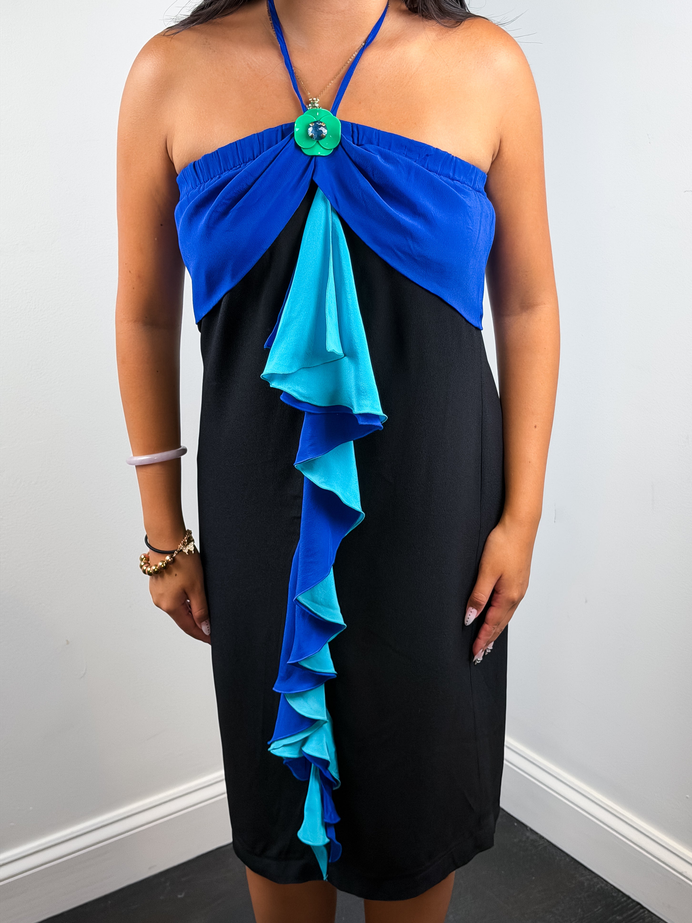 22 Maggio 2000s Black and Blue Ruffle Halter Dress - L