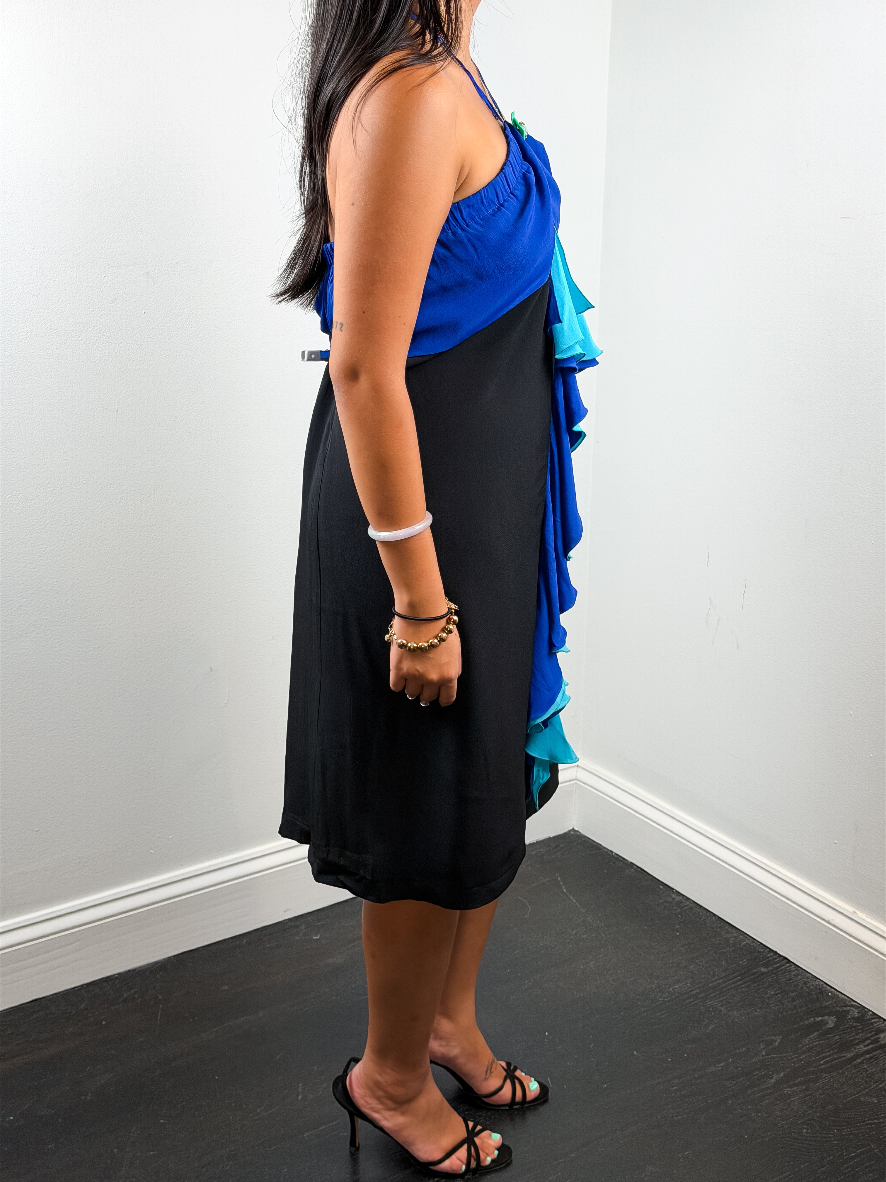 22 Maggio 2000s Black and Blue Ruffle Halter Dress - L