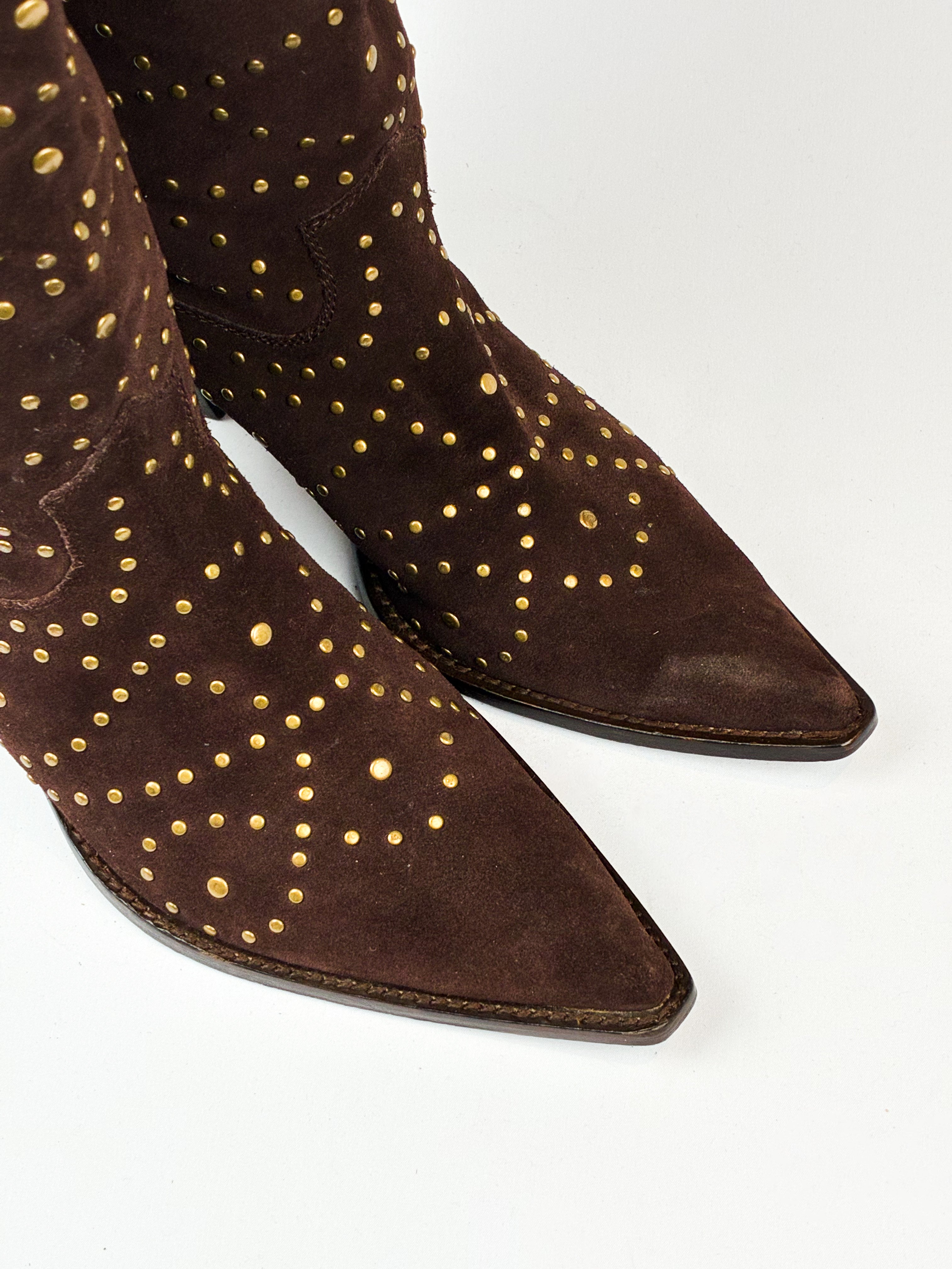 Kathy Van Zeeland 2000s Brown Suede Studded Western Boots - US 10