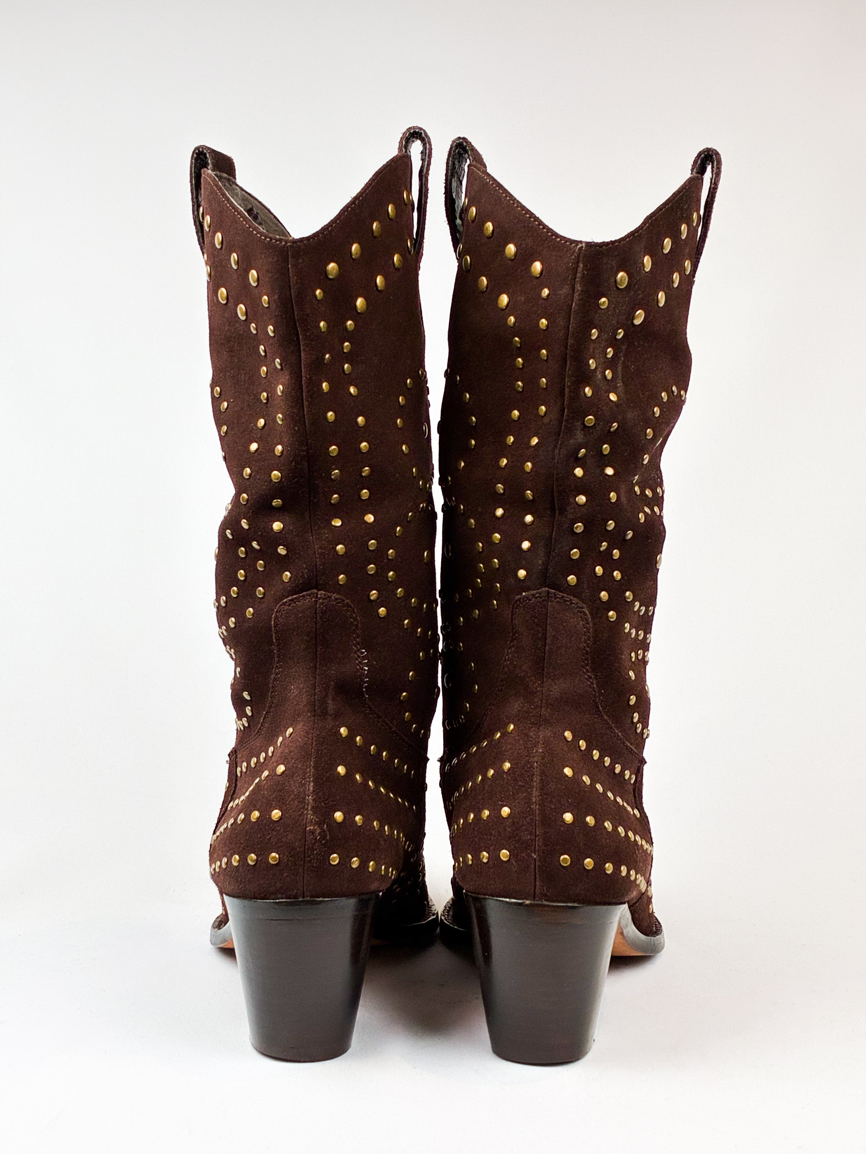 Kathy Van Zeeland 2000s Brown Suede Studded Western Boots - US 10