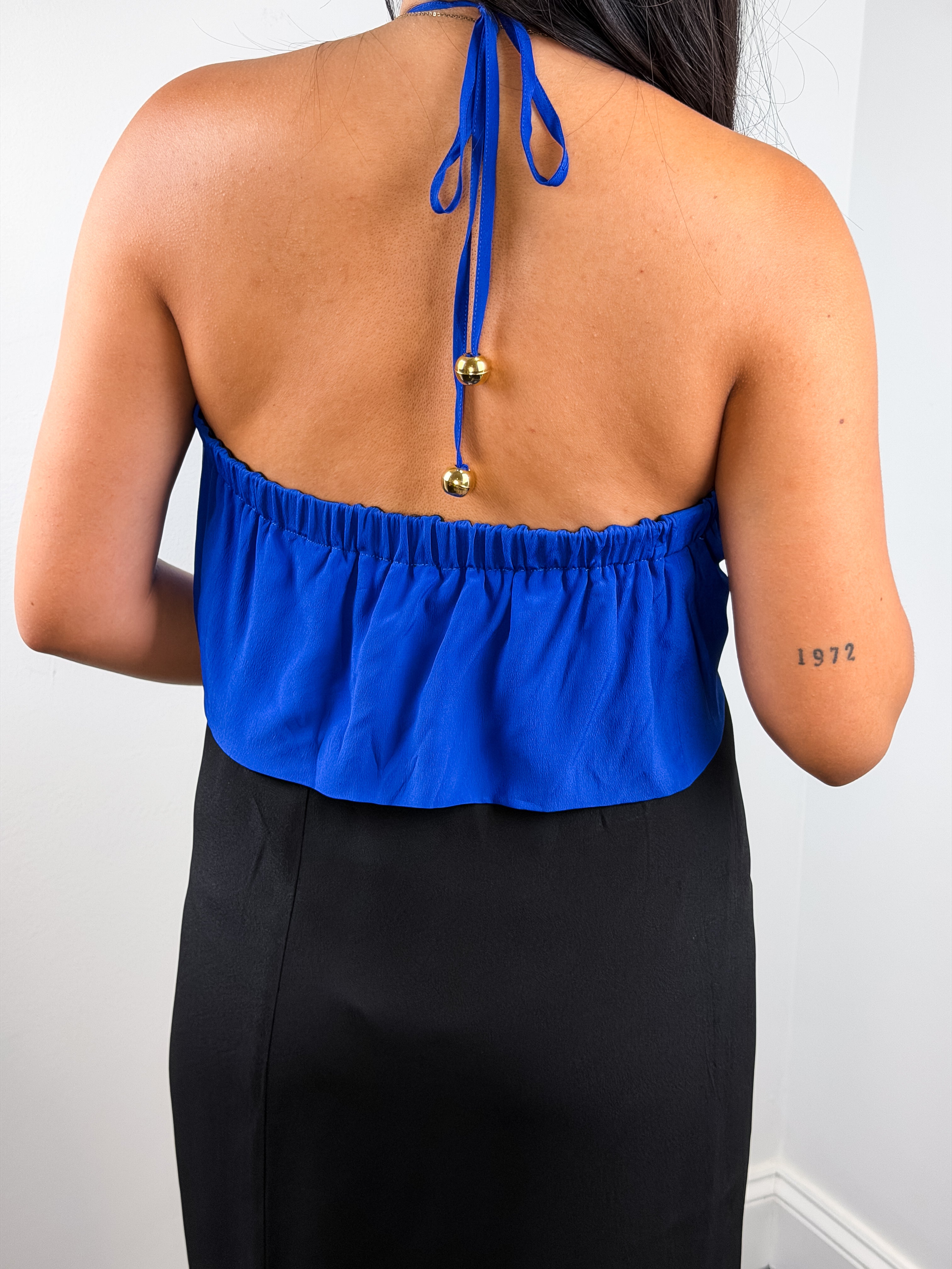 22 Maggio 2000s Black and Blue Ruffle Halter Dress - L