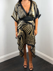Derhy 2000s Black and Gold Palm Print Silk Kimono Sleeve Dress - S/M