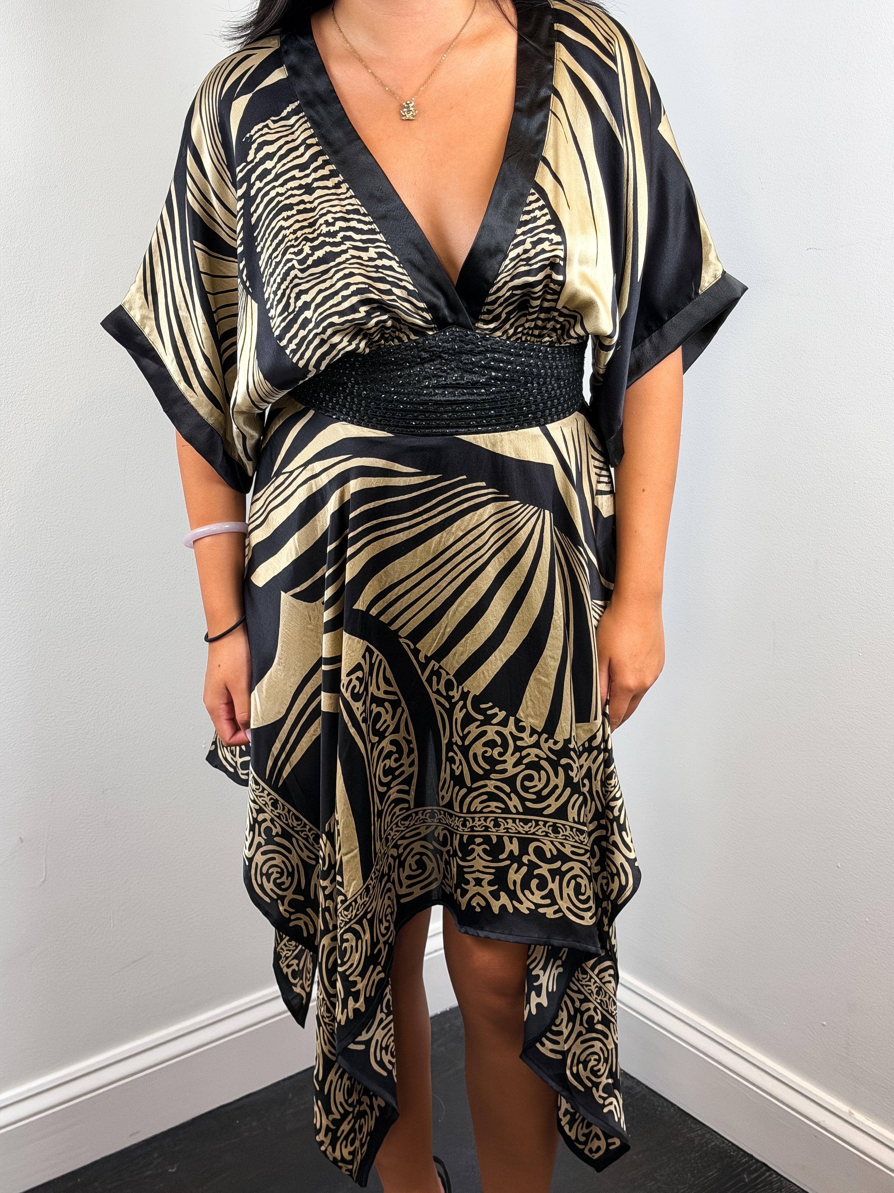 Derhy 2000s Black and Gold Palm Print Silk Kimono Sleeve Dress - S/M