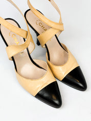 Chanel 2000s Beige and Black Cap Toe Slingback Heels - EU 38.5