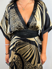 Derhy 2000s Black and Gold Palm Print Silk Kimono Sleeve Dress - S/M