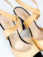 Chanel 2000s Beige and Black Cap Toe Slingback Heels - EU 38.5